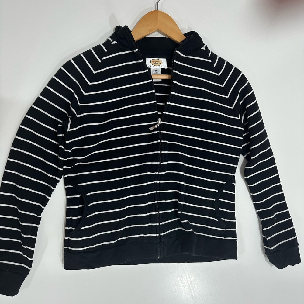 Talbots Black and White Striped Zip-Up Hoodie